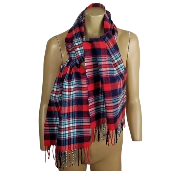 Plaid Multi Color Fringe Scarf Women's Soft 12 Inches Wide Pink Blue Red Unisex - Picture 1 of 5